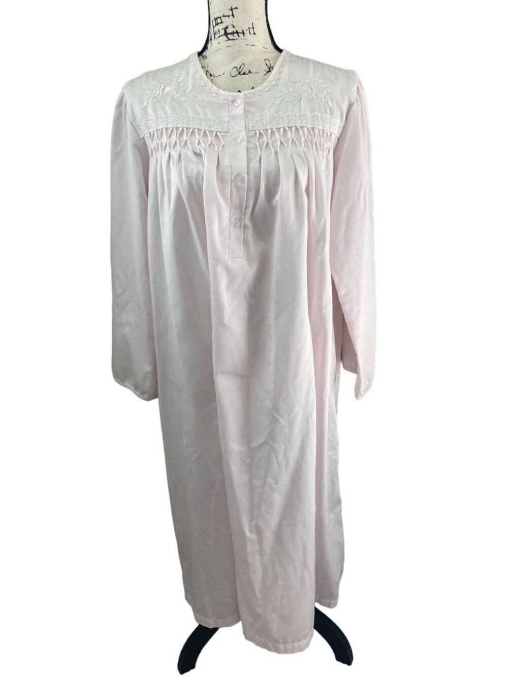 Miss Elaine Satin Feel Pink Embroidered Nightgown - Size Large